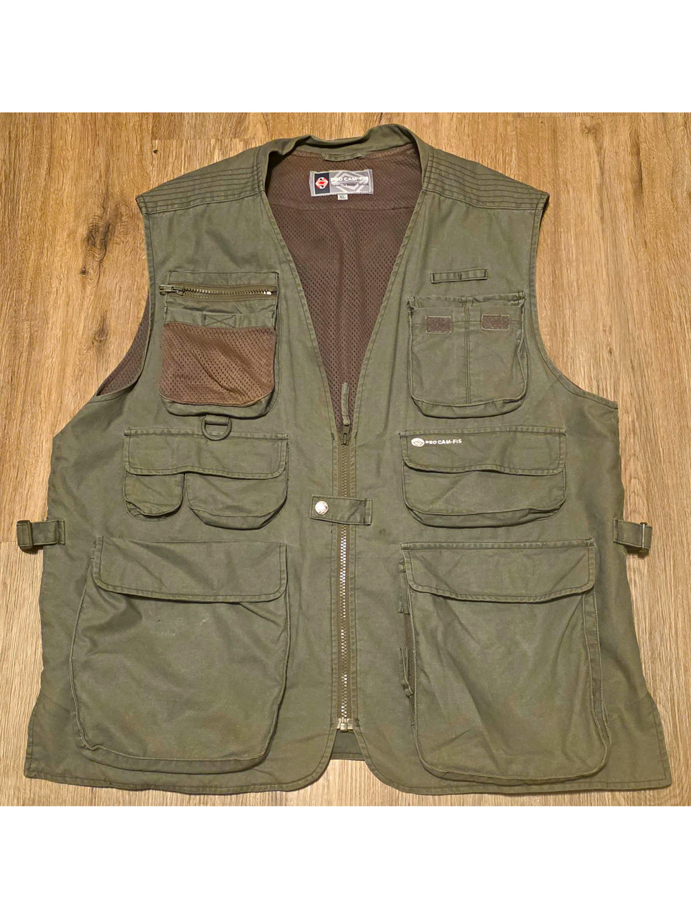 Pro Cam-Fis Fishing Vest Mens XL Olive Green Multi Pocket Cotton Utility